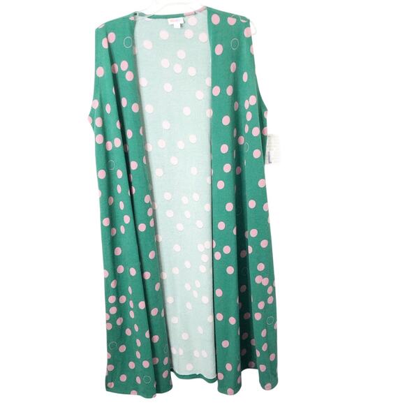 LuLaRoe NWT Women's Green Pink Polka Dot Joy Sleeveless Knit Duster Size Large - Picture 1 of 10